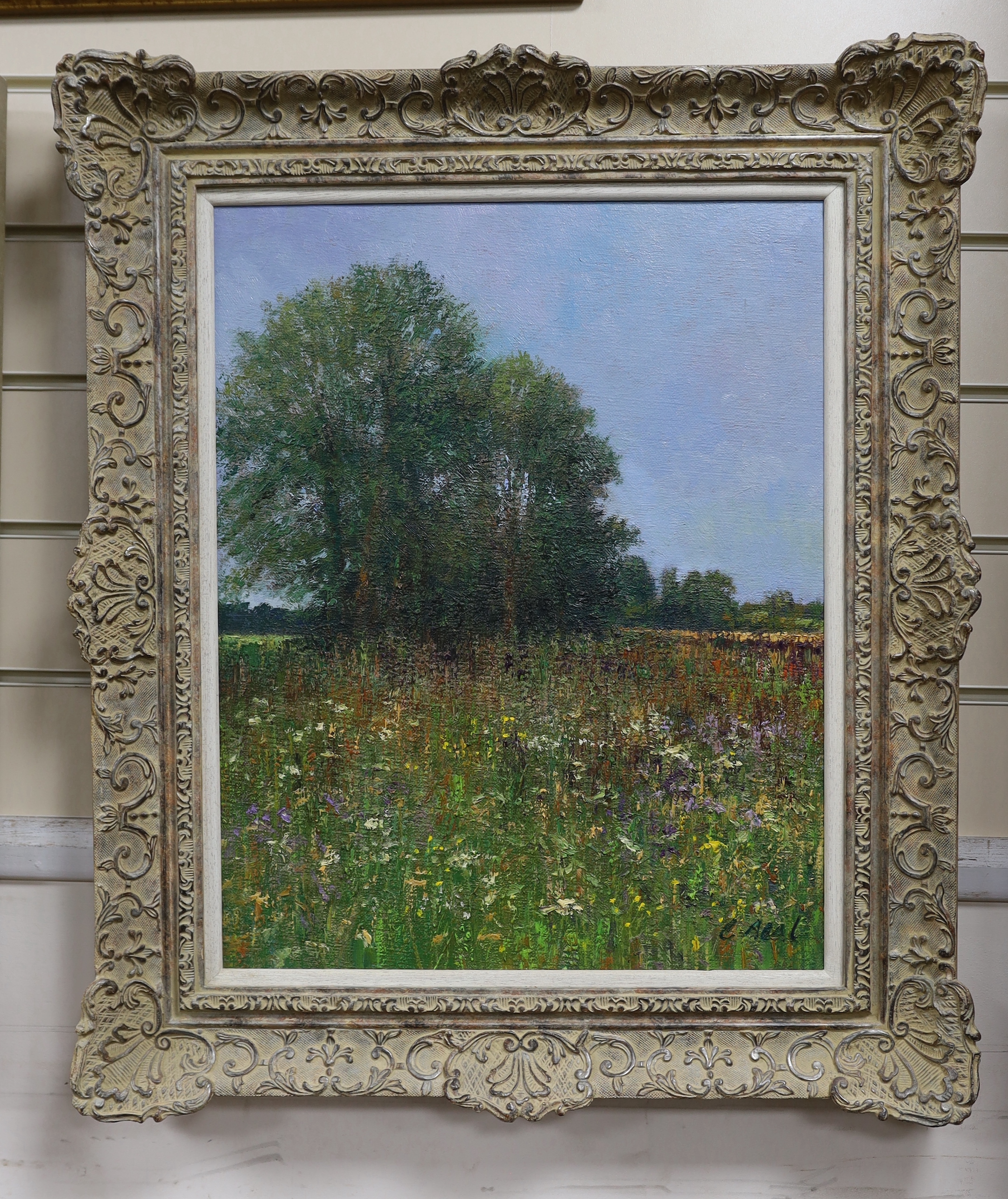 Charles Neal (b.1951), oil on canvas, 'Fallow field, south of Clanfield, Oxfordshire, late afternoon, August'’, signed, label verso, 51 x 41cm